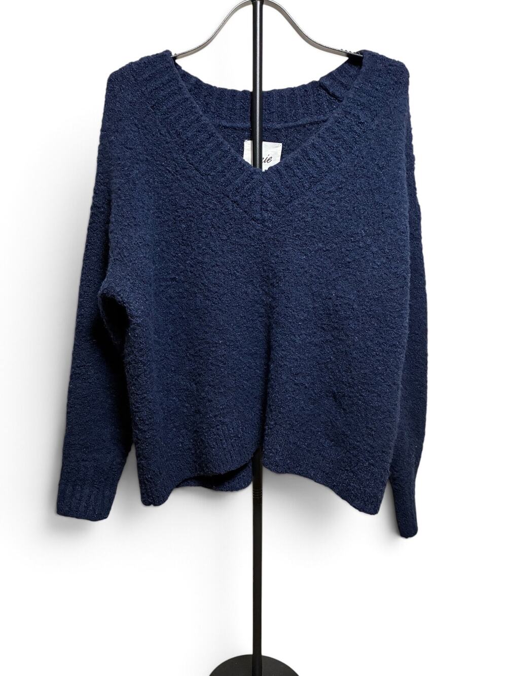 Aerie Teddy Boucle Oversized V-Neck Sweater Navy Blue Wool Blend